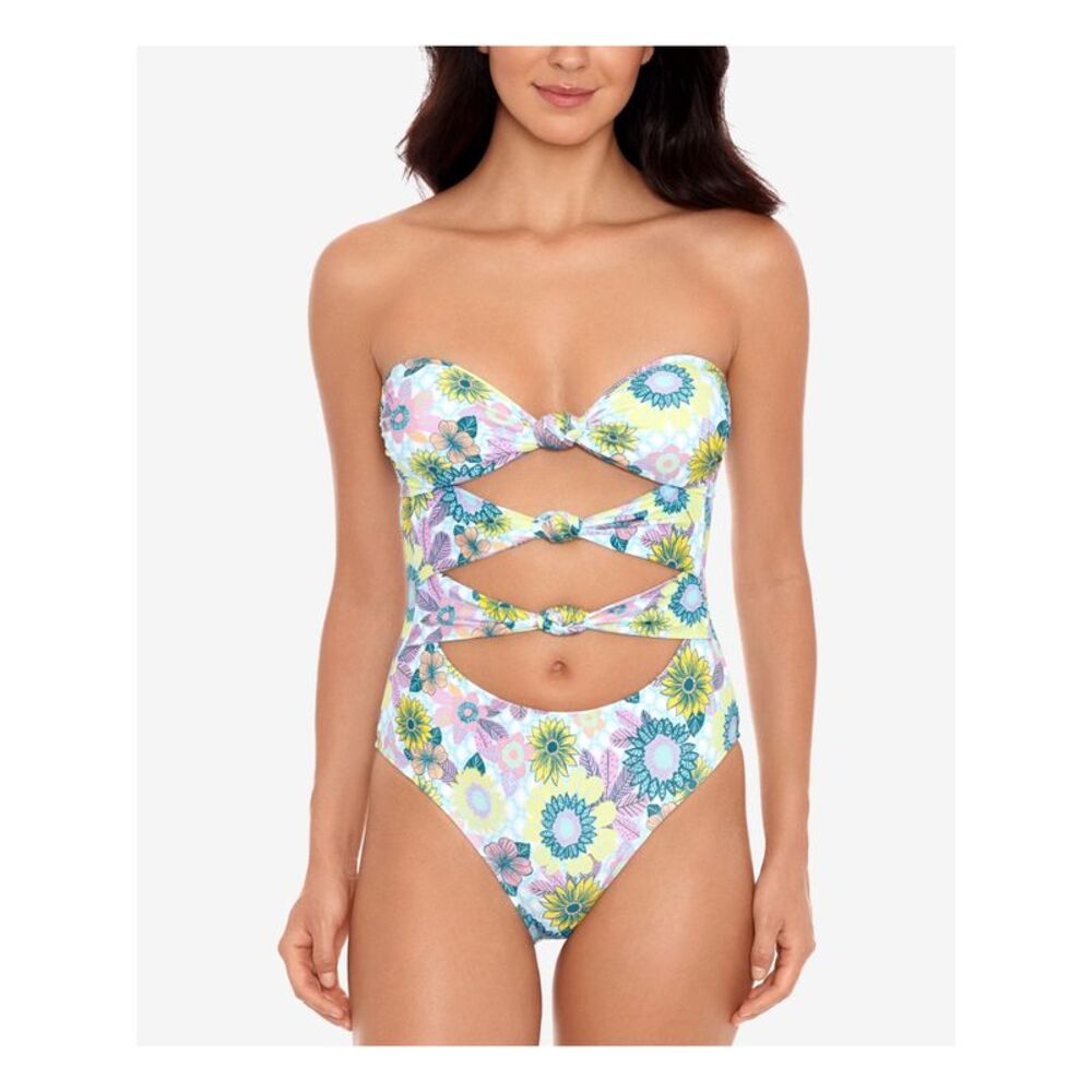SALT + COVE Women's Light Blue Cutout In Full Bloom Bandeau One Piece Swimsuit L